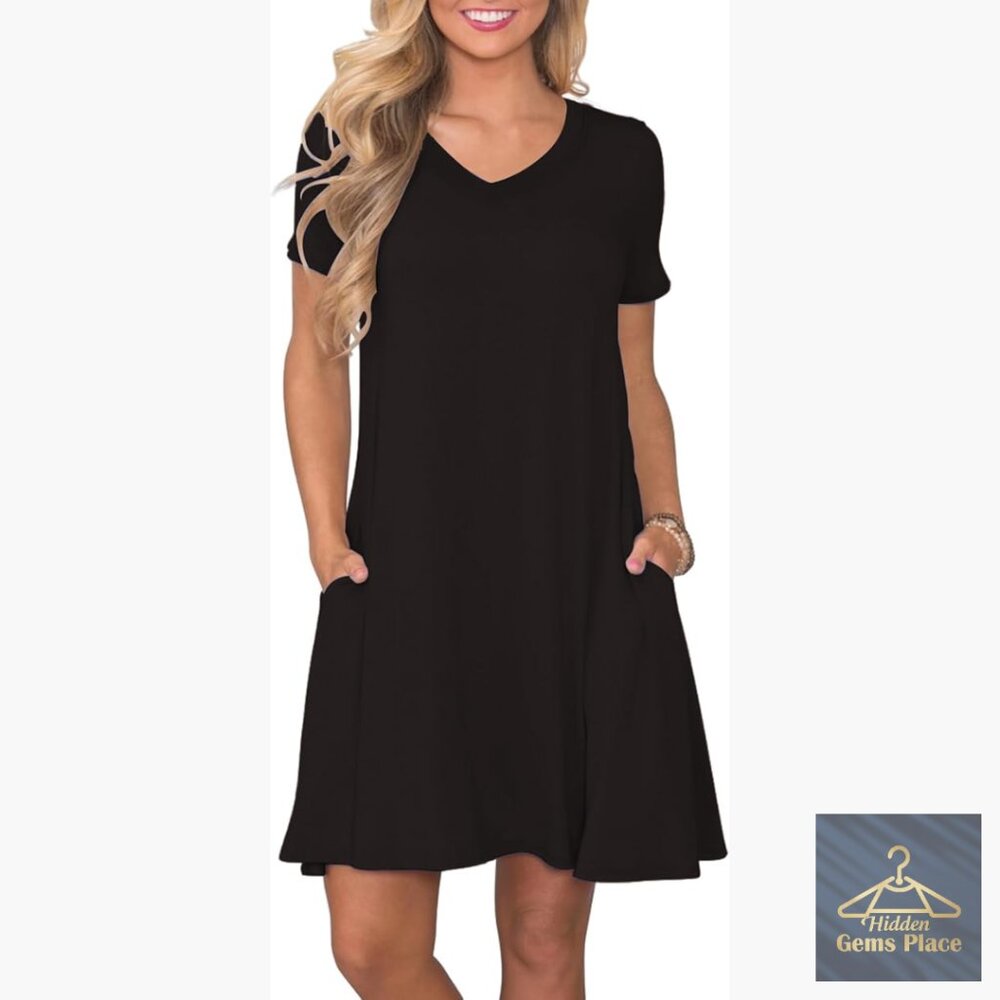 V-Neck Short Sleeve Swing Dress with Pockets, Casual Summer T-Shirt Dress